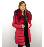 Macleria Lange Winterjacke Damen mit Kunstpelzkragen - Rot