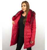 Macleria Lange Winterjacke Damen mit Kunstpelzkragen - Rot