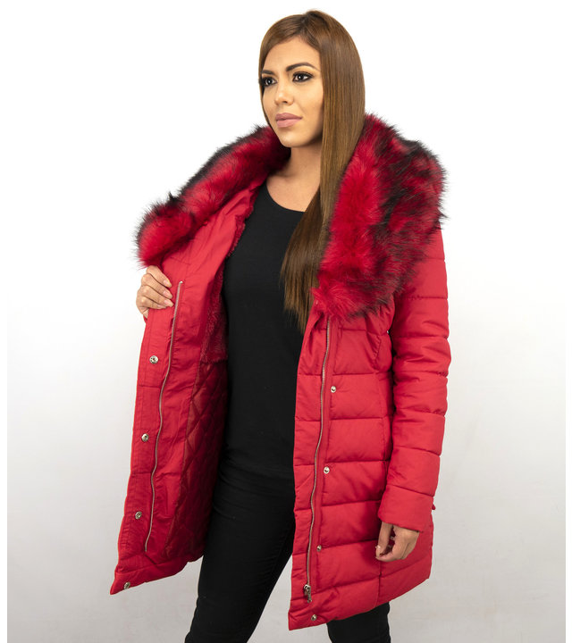 Macleria Lange Winterjacke Damen mit Kunstpelzkragen - Rot