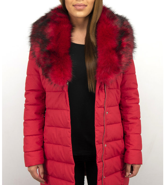 Macleria Lange Winterjacke Damen mit Kunstpelzkragen - Rot