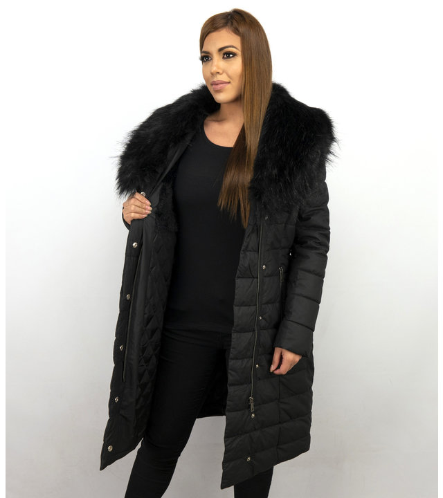 Macleria Parka Winterjacke Damen mit Kunstpelzkragen - Schwarz