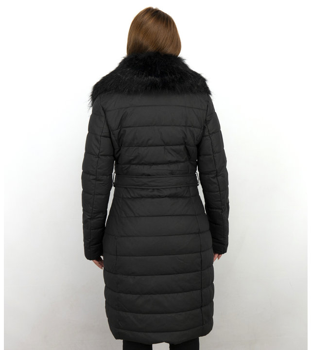 Macleria Parka Winterjacke Damen mit Kunstpelzkragen - Schwarz