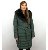 Macleria Lange Parka Winterjacke Damen mit Kunstpelzkragen - Grün