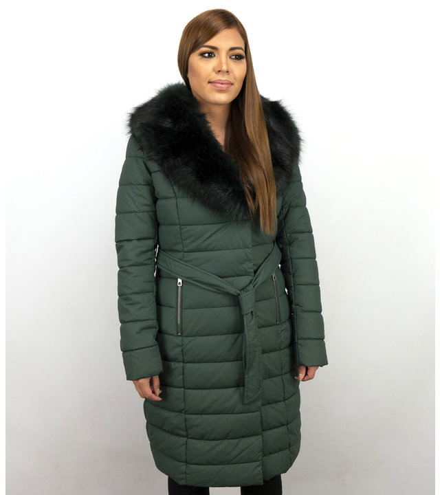 Macleria Lange Parka Winterjacke Damen mit Kunstpelzkragen - Grün