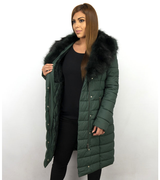 Macleria Lange Parka Winterjacke Damen mit Kunstpelzkragen - Grün