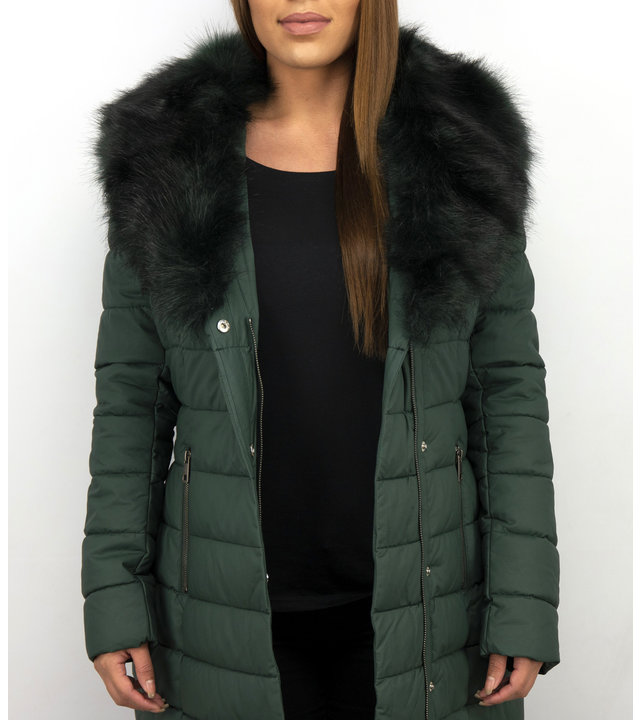 Macleria Lange Parka Winterjacke Damen mit Kunstpelzkragen - Grün