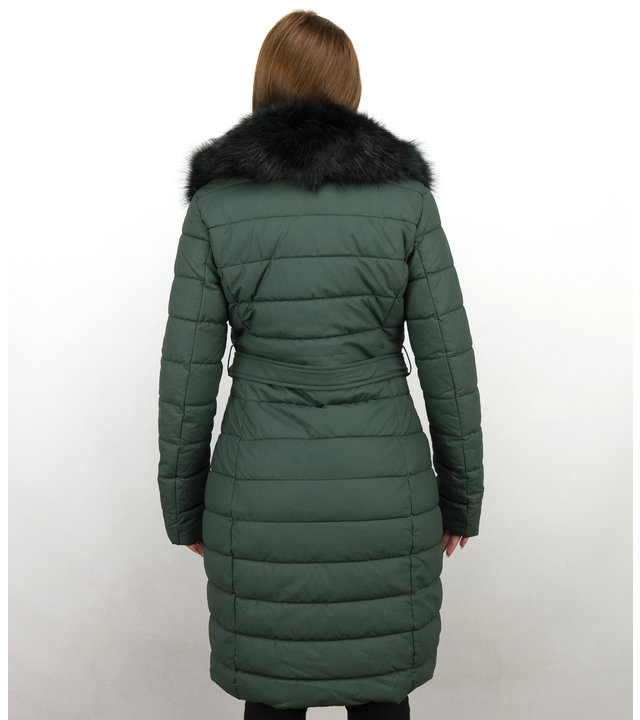 Macleria Lange Parka Winterjacke Damen mit Kunstpelzkragen - Grün