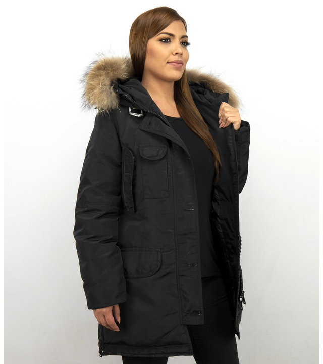 Macleria Damen Winterjacke mit Fellkapuze - Lange Parka - Schwarz