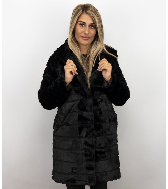 Save Style Pelzmantel Damen - Langer Parka - Schwarz