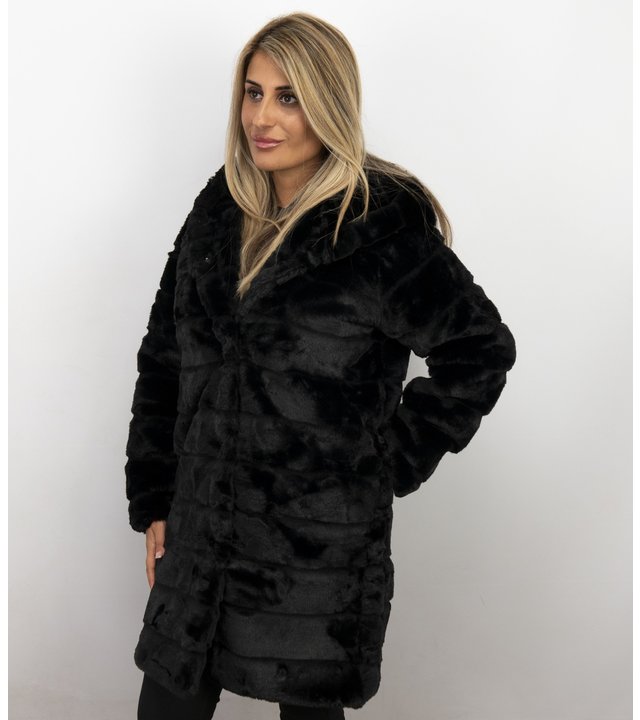 Save Style Pelzmantel Damen - Langer Parka - Schwarz