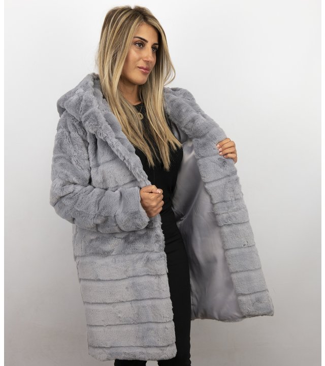 Save Style Pelzmantel Damen - Langer Winterjacken Frauen Parka - Grau