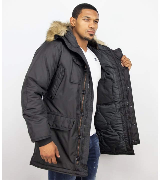 Just Key Winterjacke Herren - Parka Lang mit Fellkragen - Schwarz