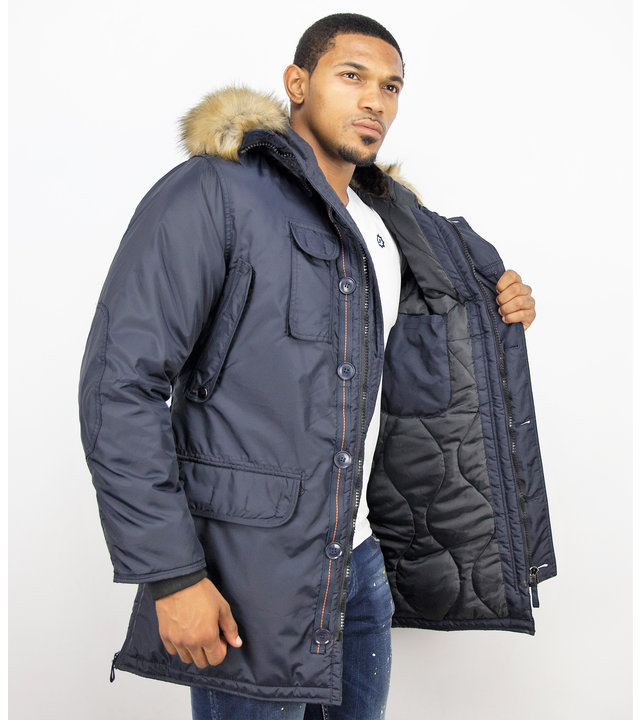 Just Key Winterjacke Herren - Parka Lang mit Fellkragen - Blau