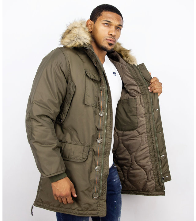 Just Key Winterjacke Herren - Parka Lang mit Fellkragen - Grün