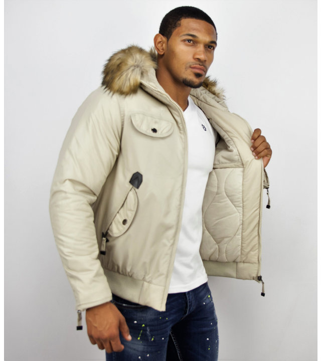 Just Key Jacken mit Fellkragen - Winterjacken Herren Kurze - Pilot Jack - Beige