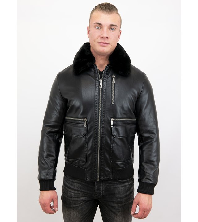 Wareen W Fliegerjacke Herren Kunstleder - 6605Z - Schwarz