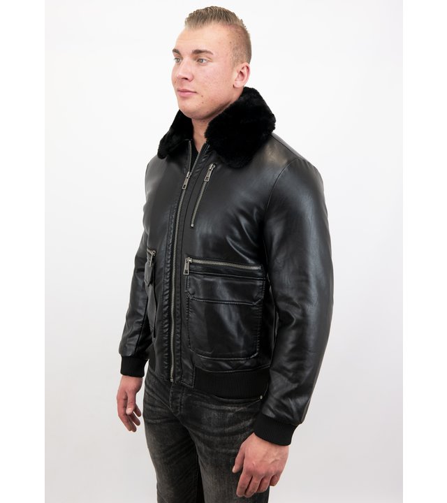 Wareen W Fliegerjacke Herren Kunstleder - 6605Z - Schwarz