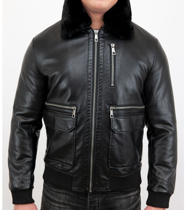 Wareen W Fliegerjacke Herren Kunstleder - 6605Z - Schwarz