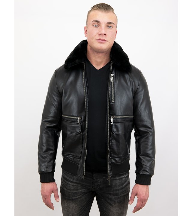 Wareen W Fliegerjacke Herren Kunstleder - 6605Z - Schwarz