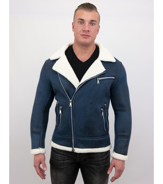 Frilivin Shearling Jacke Herren Lammfell - Jacke Mit Kunstfell - Blau