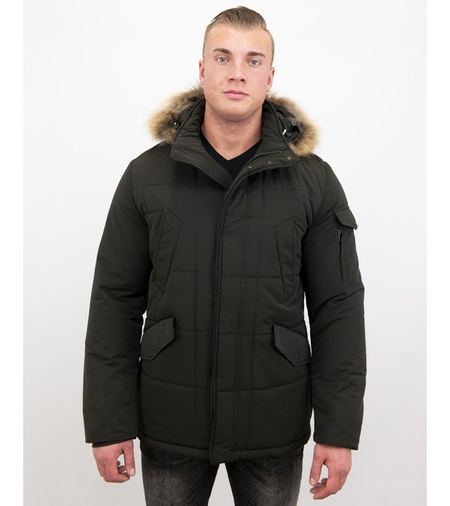 Beluomo Parka Winterjacke Herren Lange mit Fellkragen - Parka Karo - Schwarz