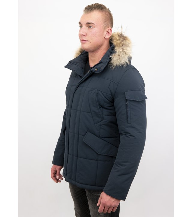 Beluomo Parka Winterjacke Herren Lange mit Fellkragen - Parka Karo - Blau