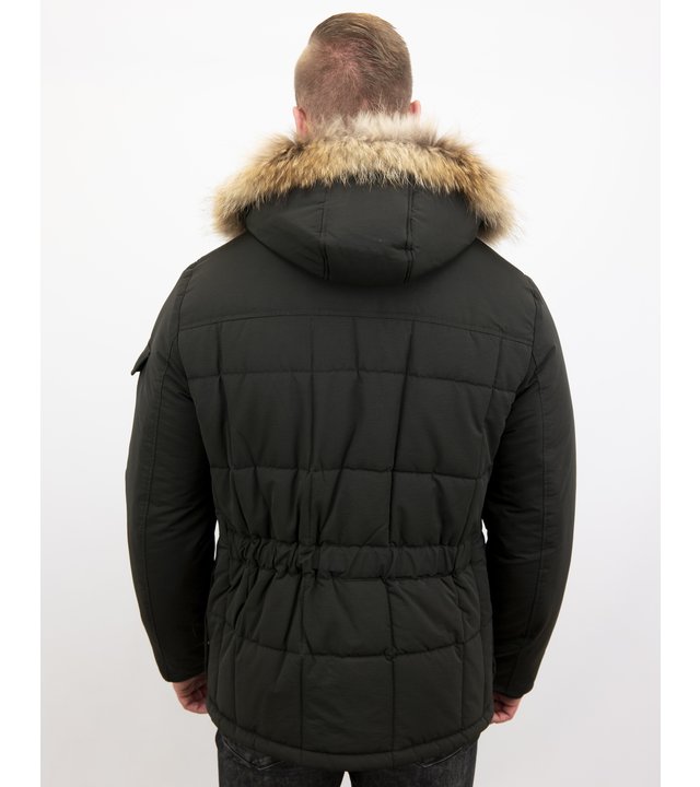 Beluomo Parka Winterjacke Herren Lange mit Fellkragen - Parka Karo - Schwarz