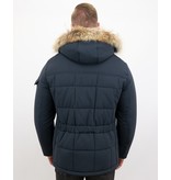 Beluomo Parka Winterjacke Herren Lange mit Fellkragen - Parka Karo - Blau