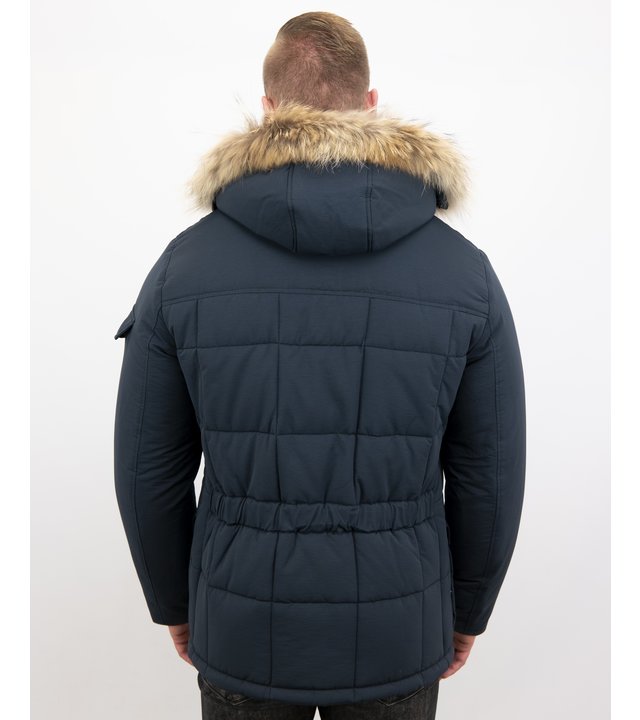 Beluomo Parka Winterjacke Herren Lange mit Fellkragen - Parka Karo - Blau