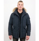 Beluomo Parka Winterjacke Herren Lange mit Fellkragen - Parka Karo - Blau