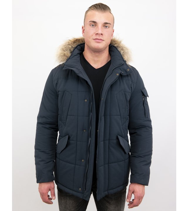 Beluomo Parka Winterjacke Herren Lange mit Fellkragen - Parka Karo - Blau