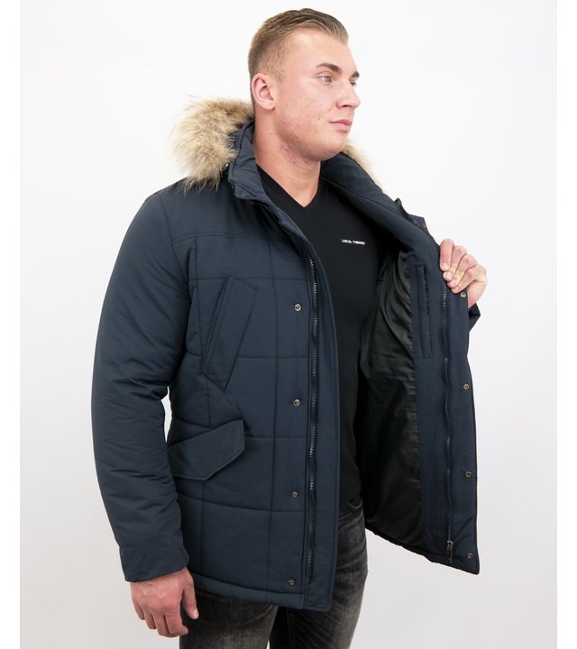 Beluomo Parka Winterjacke Herren Lange mit Fellkragen - Parka Karo - Blau