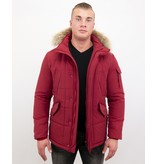 Beluomo Parka Winterjacke Herren Lange mit Fellkragen - Parka Karo - Rot