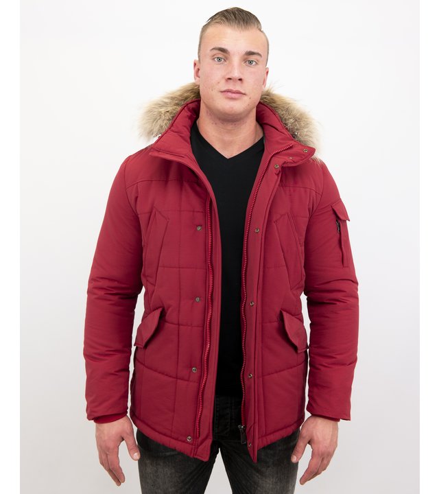 Beluomo Parka Winterjacke Herren Lange mit Fellkragen - Parka Karo - Rot