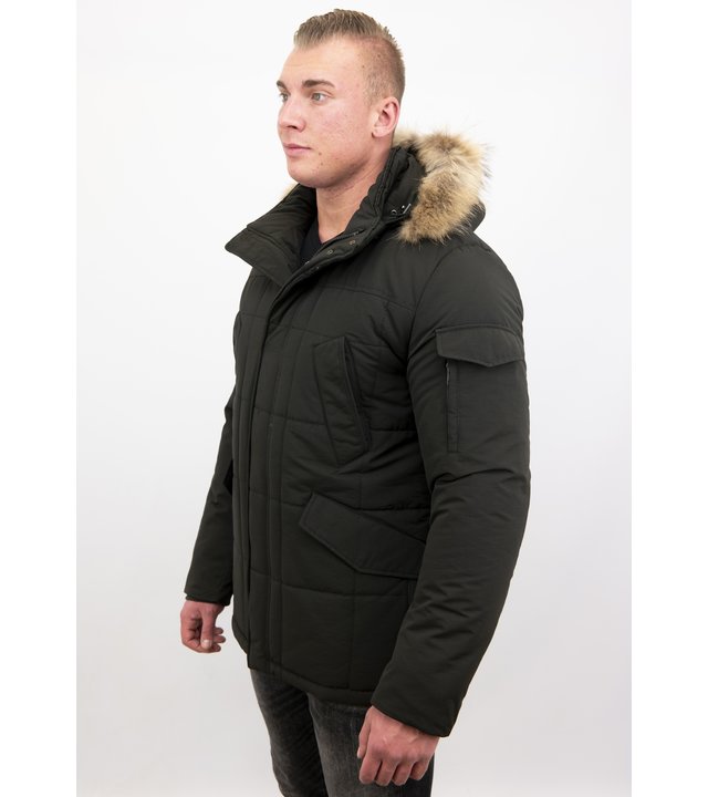 Beluomo Parka Winterjacke Herren Lange mit Fellkragen - Parka Karo - Schwarz