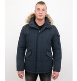 Beluomo Parka Winterjacke Herren Lange mit Fellkragen - Parka Karo -  Blau