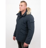 Beluomo Parka Winterjacke Herren Lange mit Fellkragen - Parka Karo -  Blau