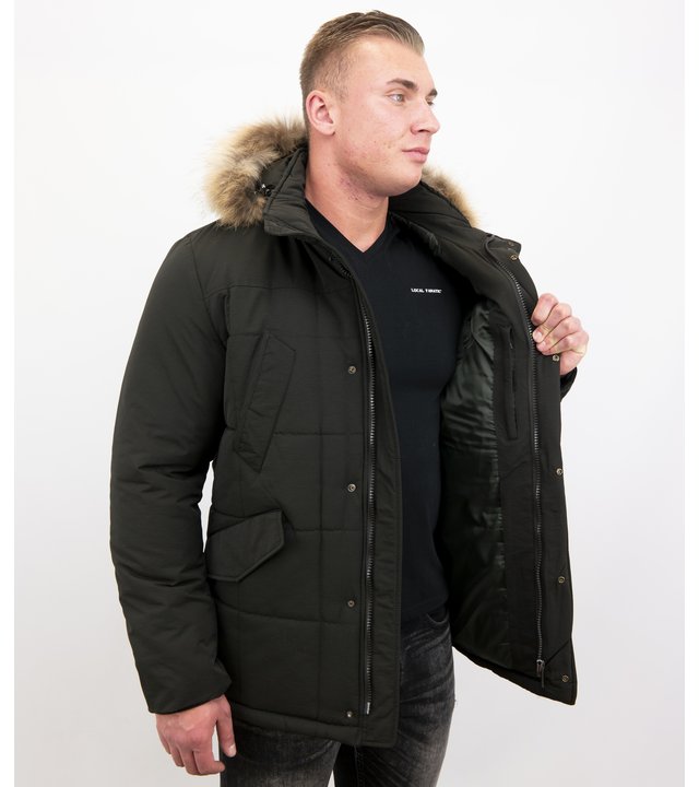 Beluomo Parka Winterjacke Herren Lange mit Fellkragen - Parka Karo - Schwarz