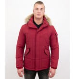 Beluomo Parka Winterjacke Herren Lange mit Fellkragen - Parka Karo - Rot