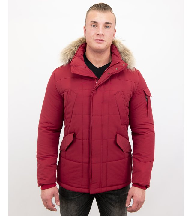 Beluomo Parka Winterjacke Herren Lange mit Fellkragen - Parka Karo - Rot