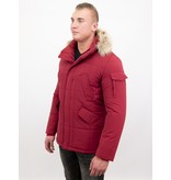 Beluomo Parka Winterjacke Herren Lange mit Fellkragen - Parka Karo - Rot