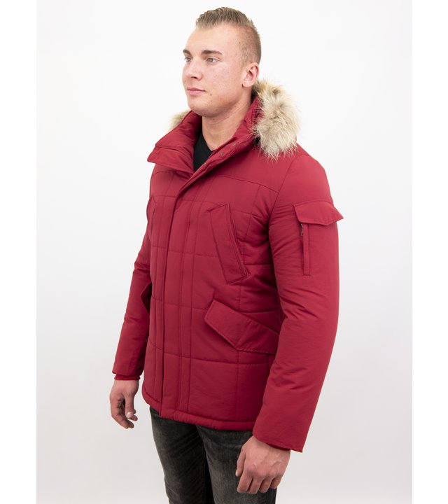 Beluomo Parka Winterjacke Herren Lange mit Fellkragen - Parka Karo - Rot