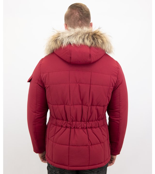 Beluomo Parka Winterjacke Herren Lange mit Fellkragen - Parka Karo - Rot