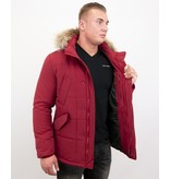 Beluomo Parka Winterjacke Herren Lange mit Fellkragen - Parka Karo - Rot