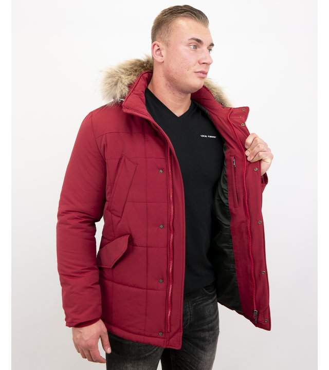 Beluomo Parka Winterjacke Herren Lange mit Fellkragen - Parka Karo - Rot