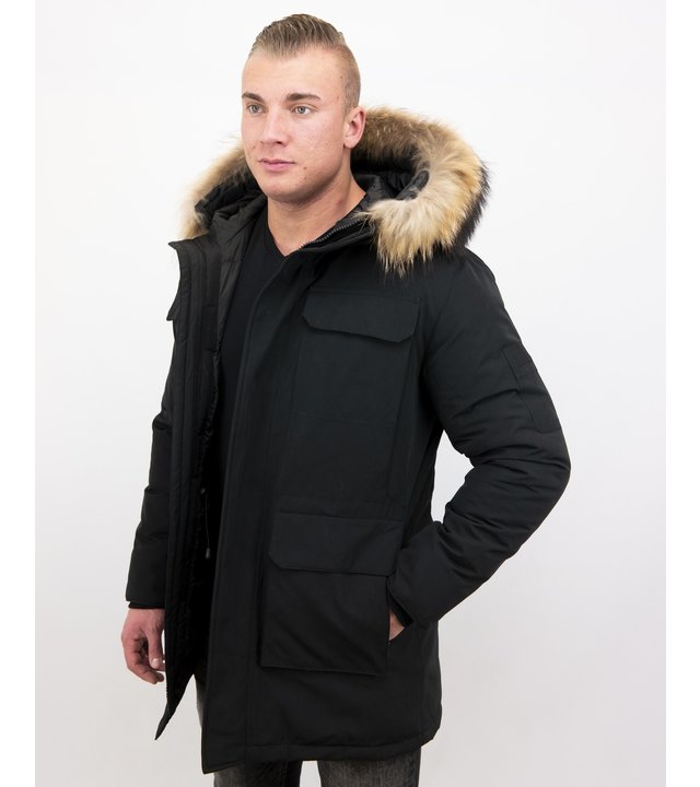 Enos Winterjacke Herren - Parka mit Fellkragen - Schwarz