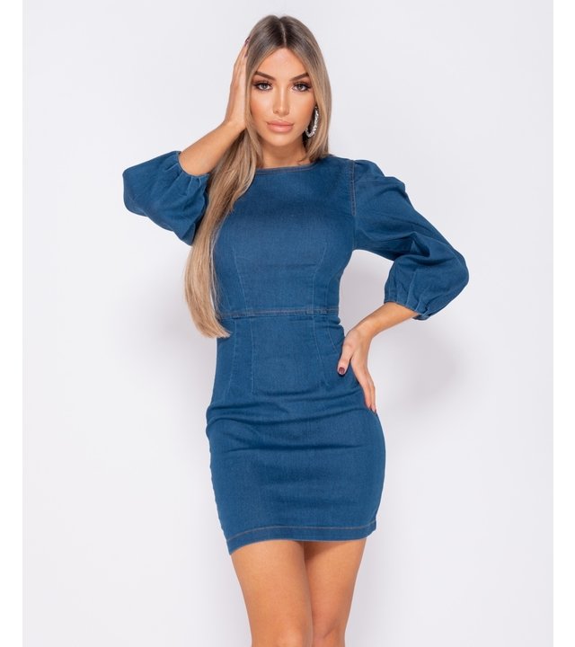 PARISIAN Puffärmel Denim Bodycon Kleid-Frauen - Blau