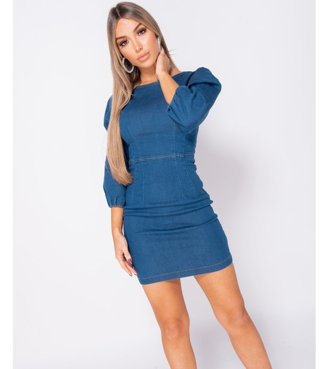PARISIAN Puffärmel Denim Bodycon Kleid-Frauen - Blau