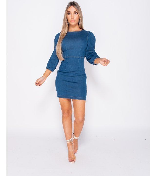 PARISIAN Puffärmel Denim Bodycon Kleid-Frauen - Blau