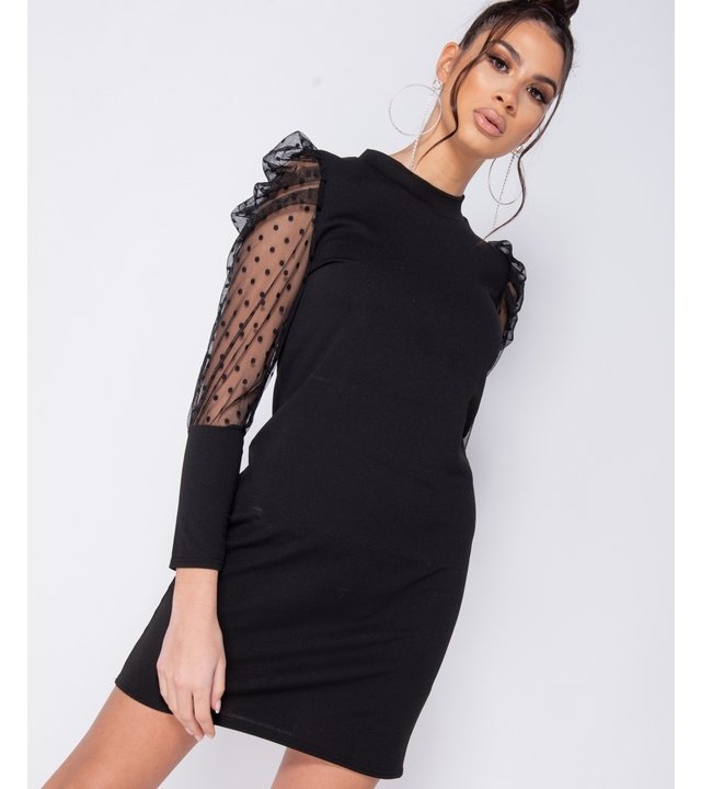 PARISIAN Tupfen-Sheer Puffärmel Bodycon Minikleid - Frauen - Schwarz